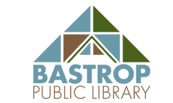 Logo for Bastrop Public Library featuring a geometric design with blue, green, and brown triangles forming a stylized roof. Bold blue and brown text below.
